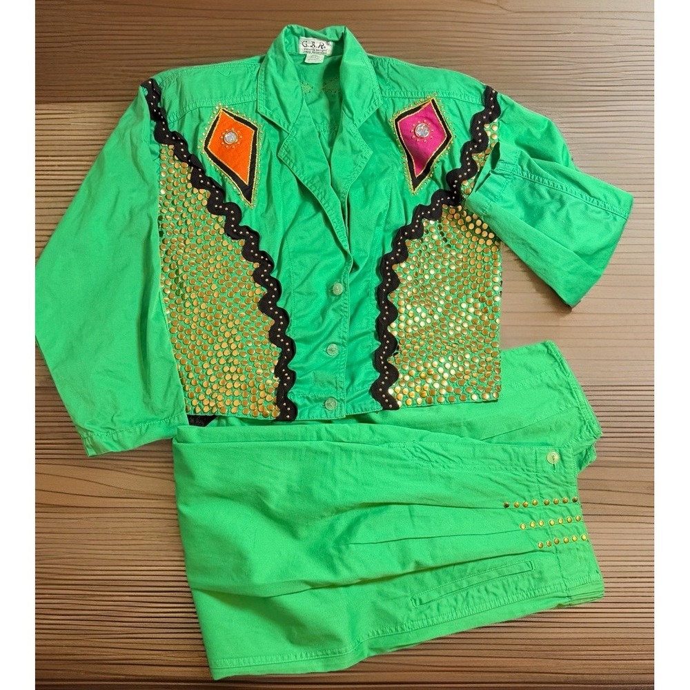 Vtg Western Jacket Pants Women's Small Green Horse Show Rodeo Dance Embroidered